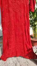 Laal Ishq premium georgette long chikankari kurta by LVW Fashions with intricate handmade Lucknow chikankari embroidery.