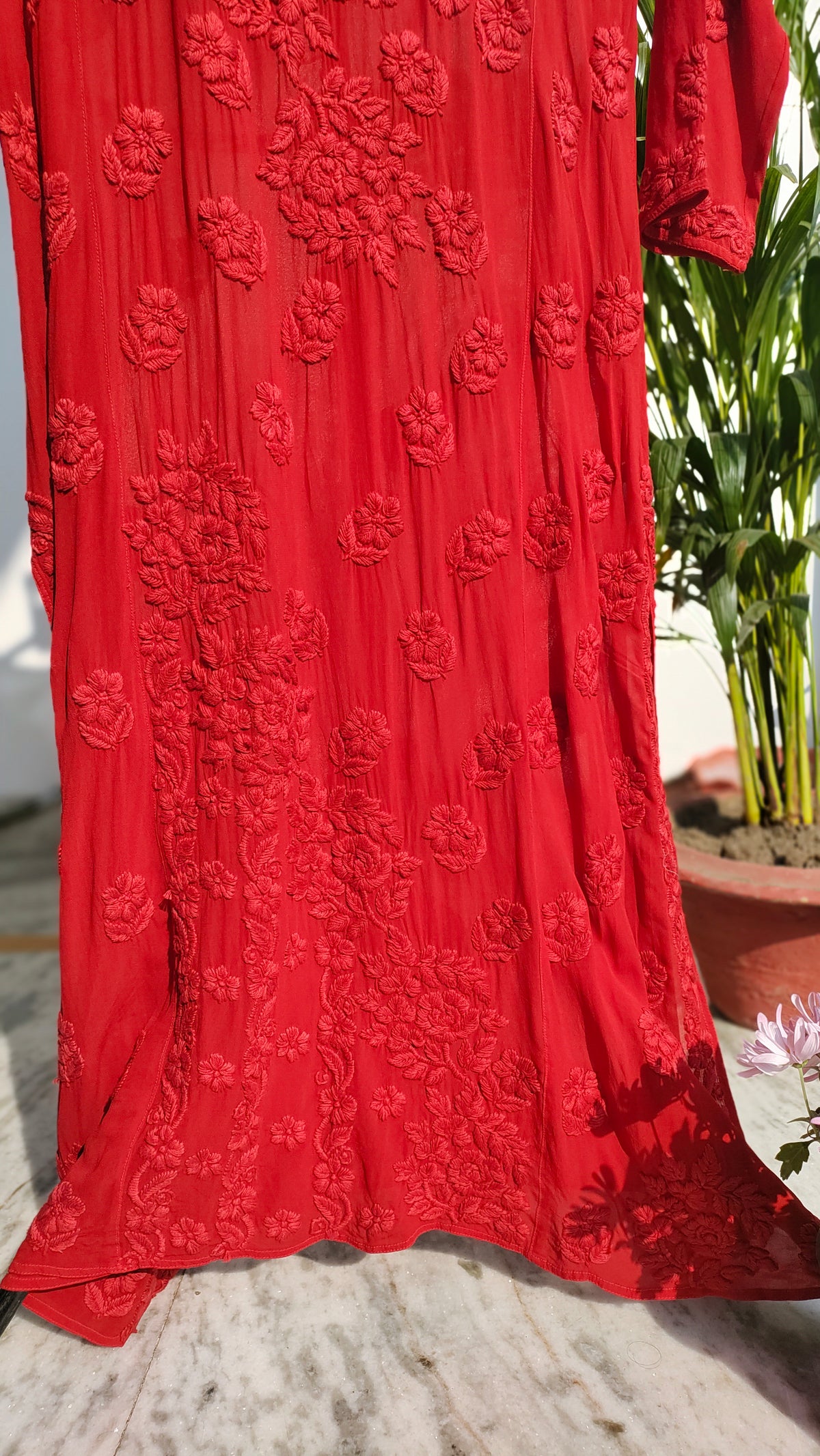 Laal Ishq premium georgette long chikankari kurta by LVW Fashions with intricate handmade Lucknow chikankari embroidery.