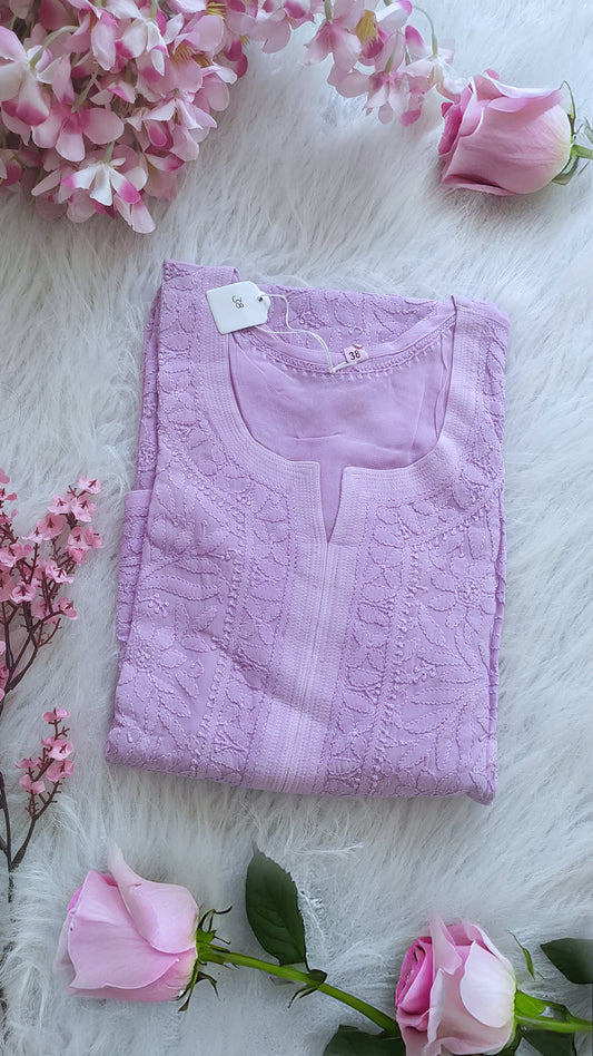 Lavender Love Daman Embroidery Chikankari Long Kurti by LVW Fashions, handcrafted Lucknow chikankari kurta with intricate embroidery detail.