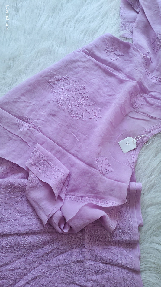 Lavender Love Daman Embroidery Chikankari Long Kurti by LVW Fashions, handmade in Lucknow with intricate Chikankari embroidery.
