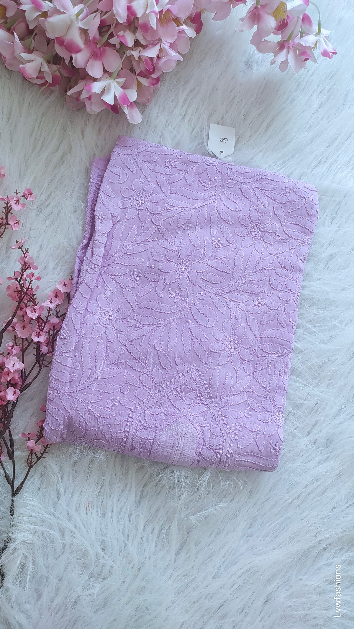 Lavender Love Daman Embroidery Chikankari Long Kurti by LVW Fashions, handmade Lucknow chikankari kurta with intricate embroidery.