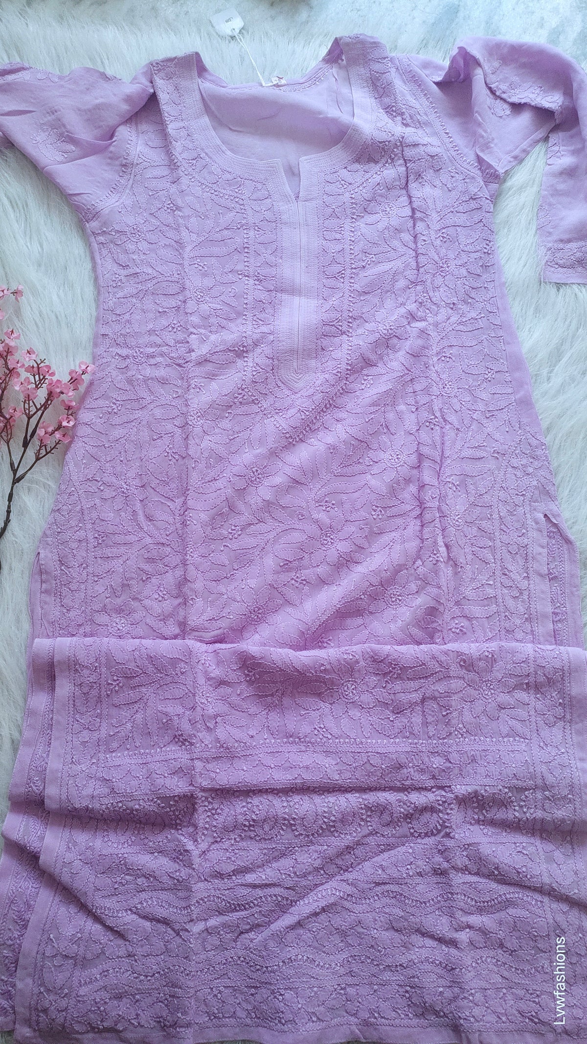 Lavender Love Daman Embroidery Chikankari Long Kurti by LVW Fashions, handcrafted Lucknow Chikankari kurta with intricate embroidery.