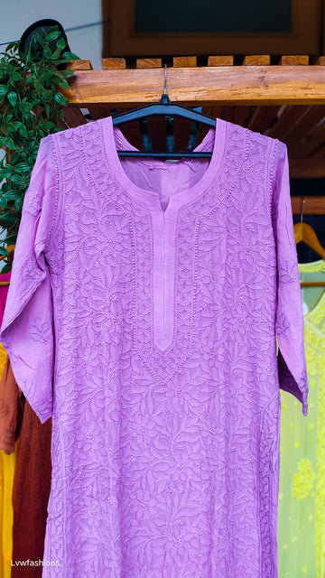 Lavender Love premium georgette Chikankari long kurta by LVW Fashions, handmade Lucknow Chikankari with delicate embroidery.