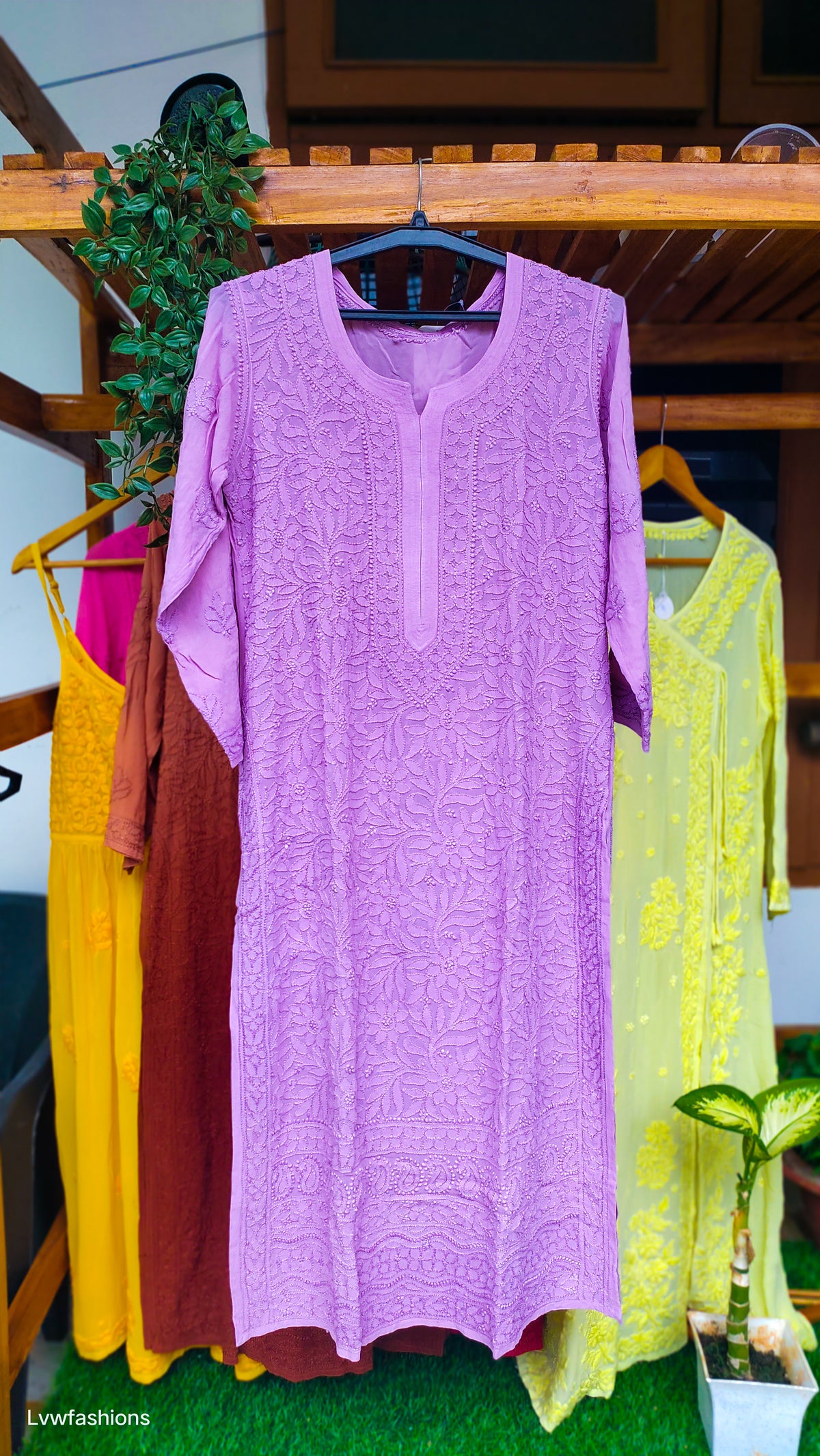 Lavender Love premium georgette long kurta with intricate handmade Lucknow chikankari embroidery by LVW Fashions.