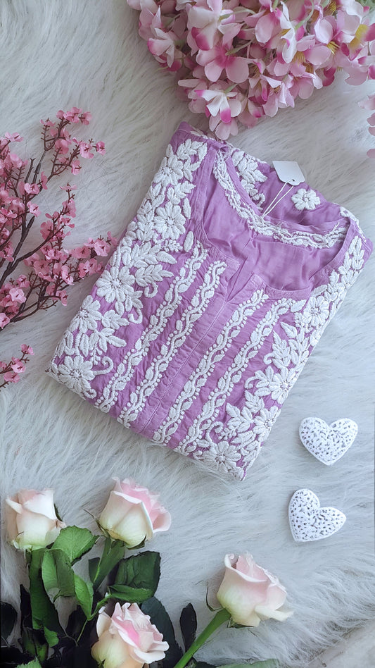 Lavender Love premium silk Chikankari long kurti by LVW Fashions, handmade Lucknow Chikankari embroidered kurta for women.