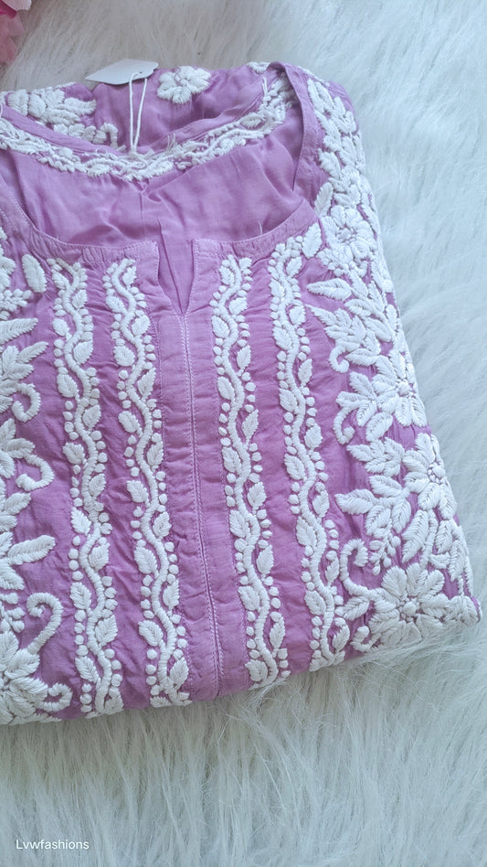 Lavender Love premium silk Chikankari long kurti by LVW Fashions, handmade Lucknow Chikankari with intricate embroidery.