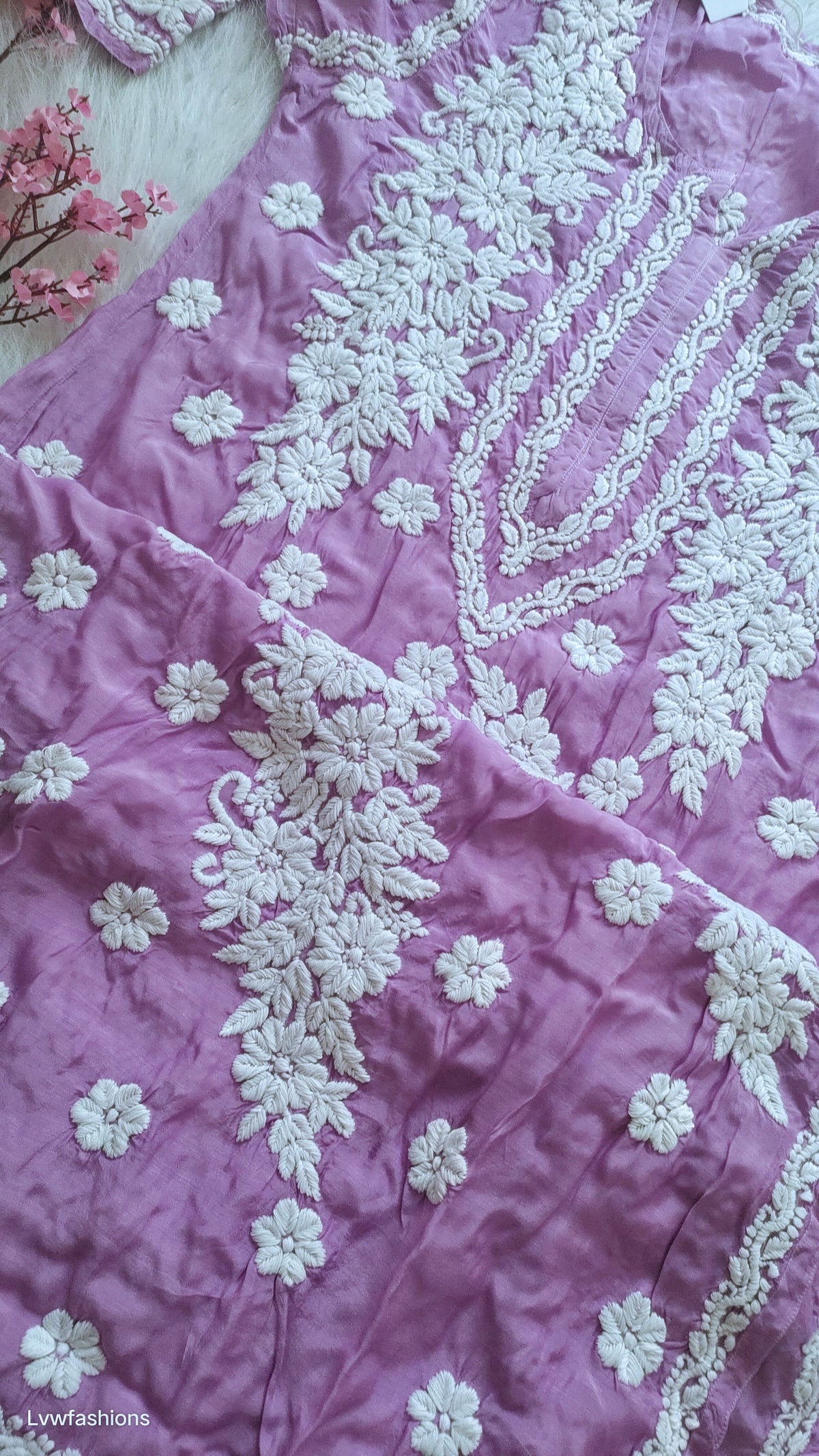 Lavender Love premium silk Chikankari long kurti by LVW Fashions, handmade Lucknow Chikankari with intricate embroidery.