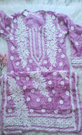 Lavender Love premium silk Chikankari long kurti by LVW Fashions, handmade Lucknow-style embroidered kurta, front view.