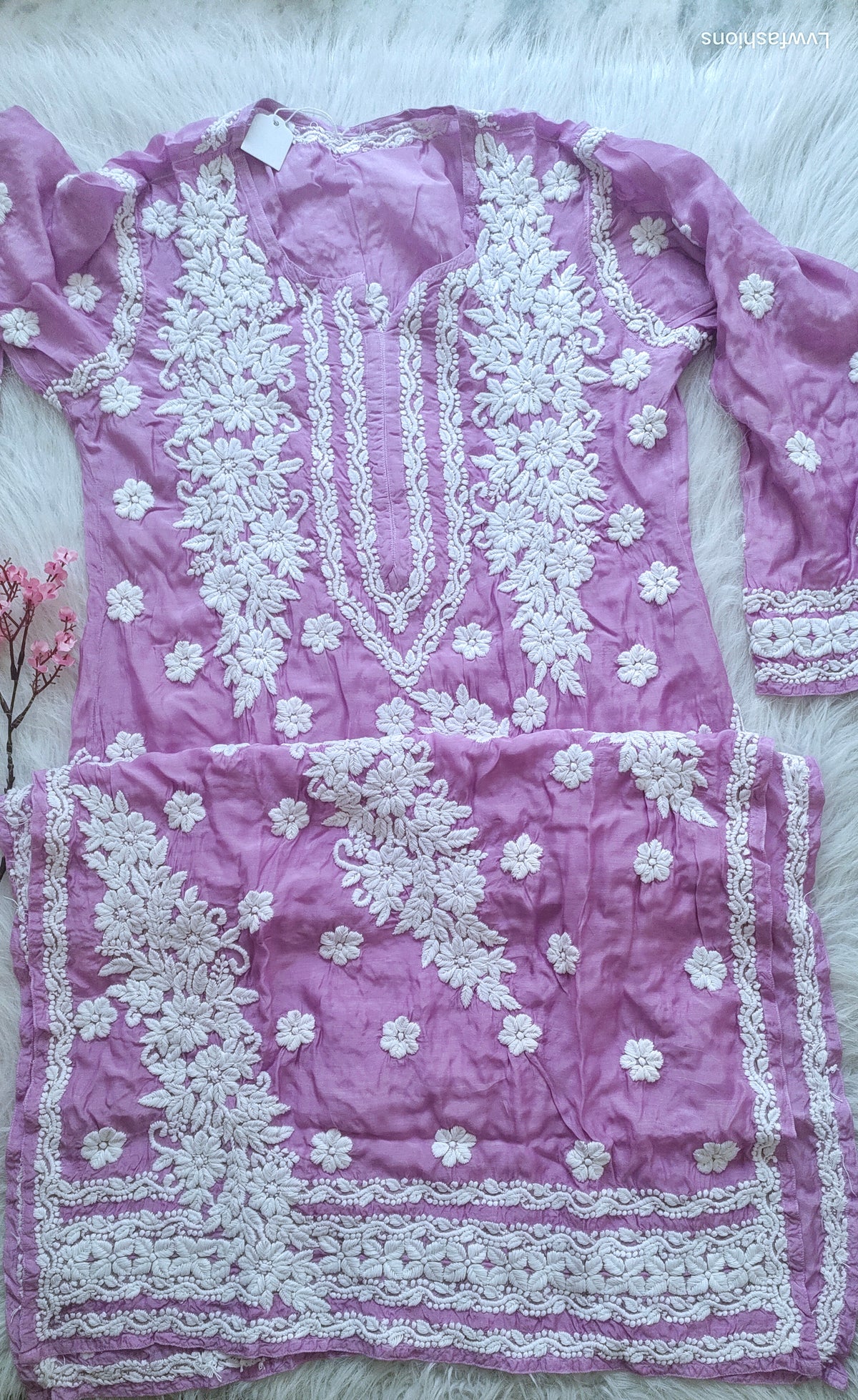 Lavender Love premium silk Chikankari long kurti by LVW Fashions, handmade Lucknow-style embroidered kurta, front view.