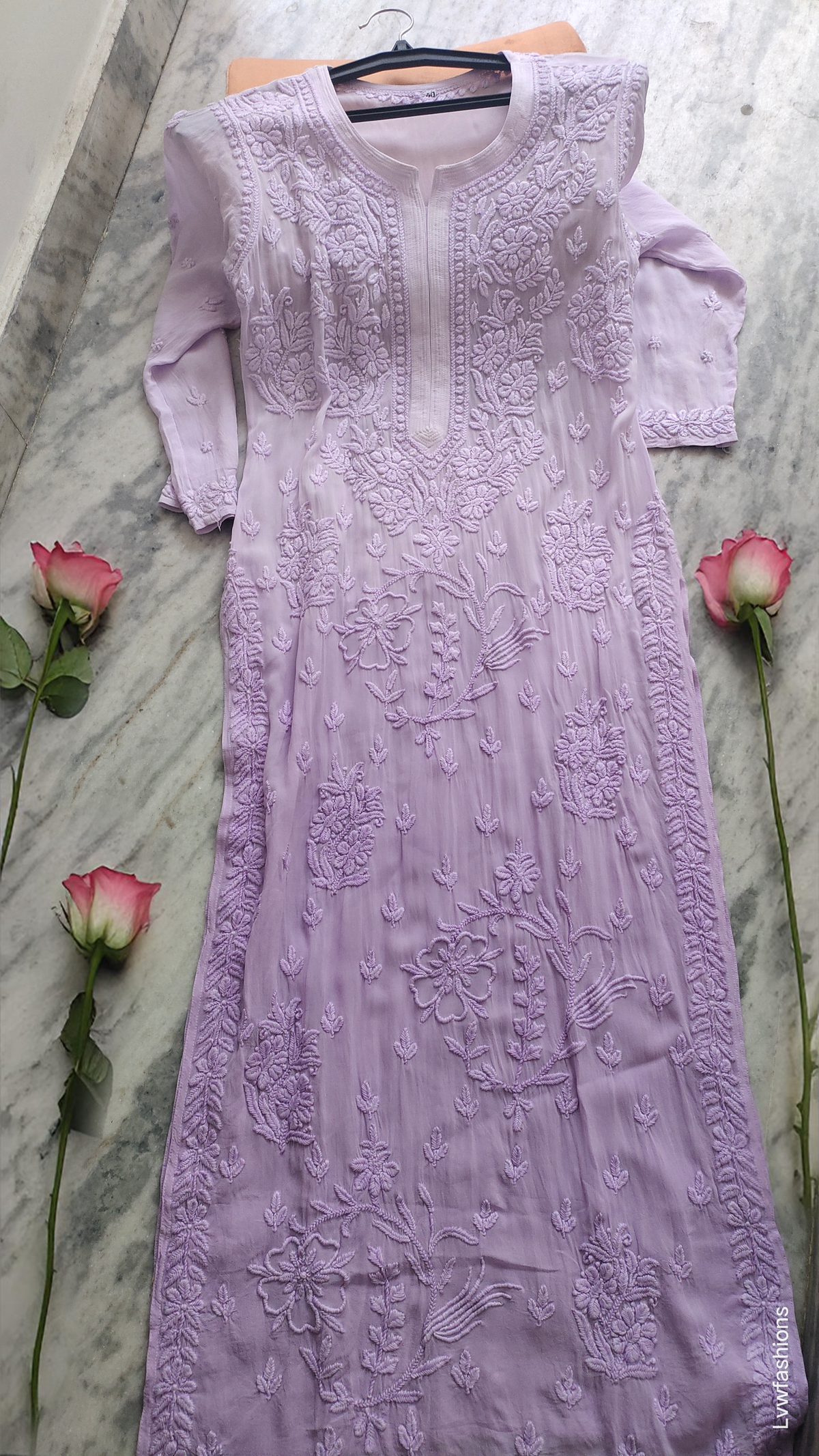 Lavender ombre premium georgette Chikankari kurta with floral embroidery from LVW Fashions, handmade Lucknow Chikankari.