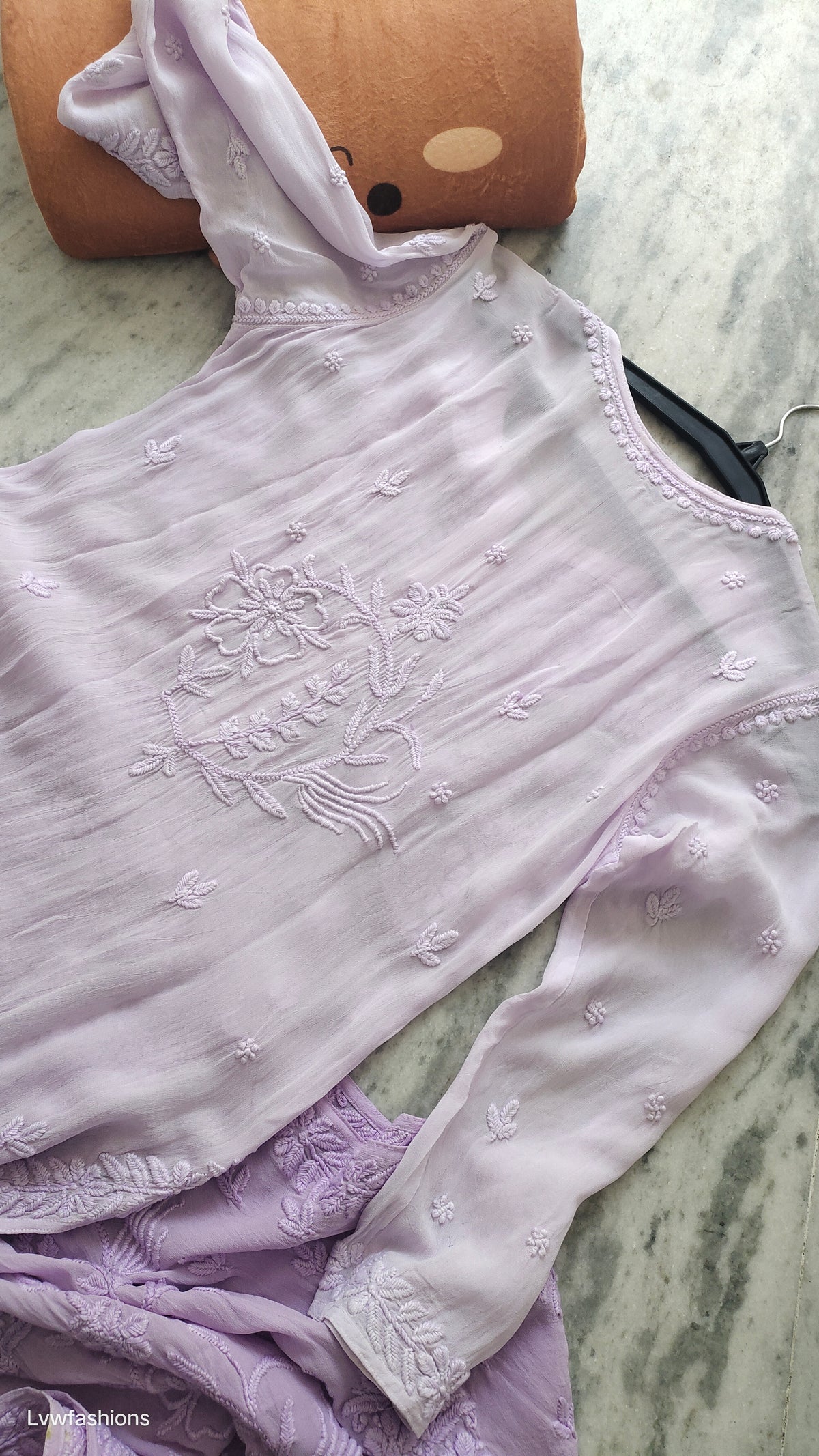Lavender ombre premium georgette Chikankari Kurta with floral embroidery by LVW Fashions, handmade Lucknow chikankari design.