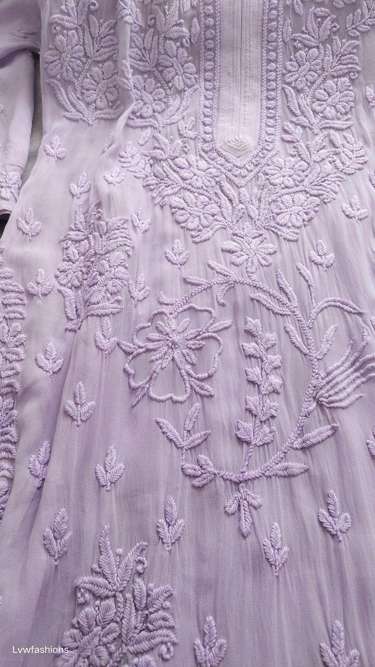 Lavender ombre premium georgette Chikankari Kurta by LVW Fashions with intricate floral embroidery, handmade Lucknow Chikankari design.