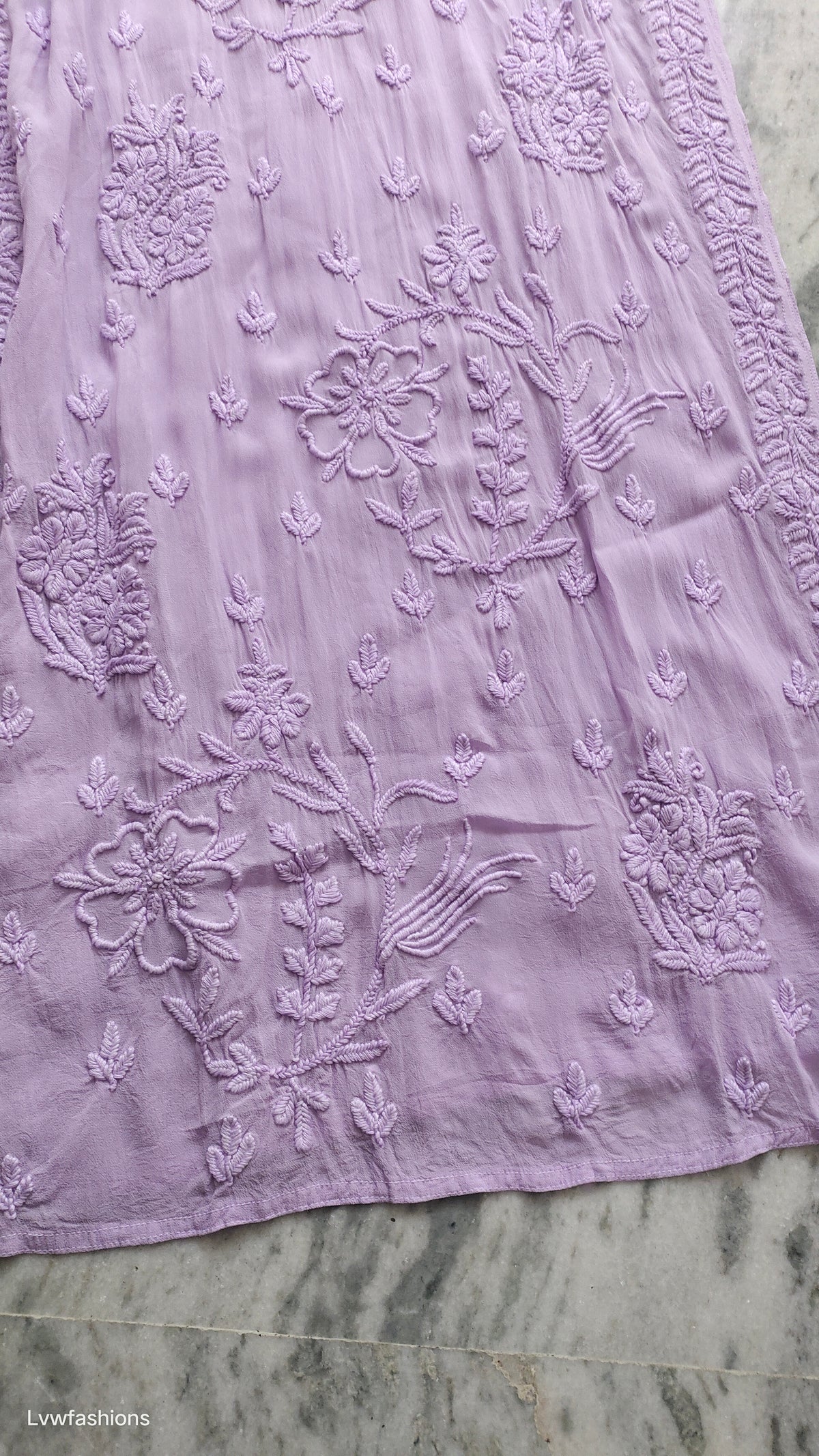 Lavender ombre premium georgette Chikankari kurta with floral embroidery by LVW Fashions, handmade Lucknow chikankari design.