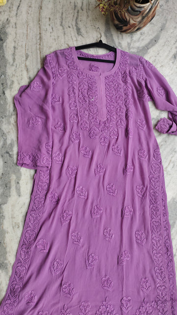 Lavender premium georgette long kurti with intricate handcrafted Lucknow chikankari embroidery, stylish and elegant for special occasions.