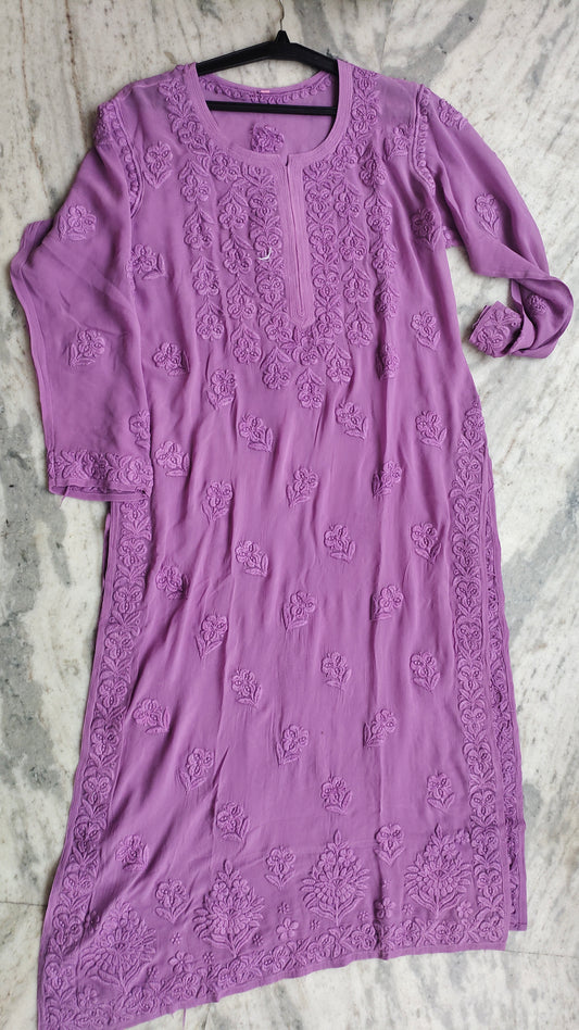 Lavender premium georgette long kurti with handcrafted Lucknow chikankari embroidery, showcasing intricate hand-stitched design.