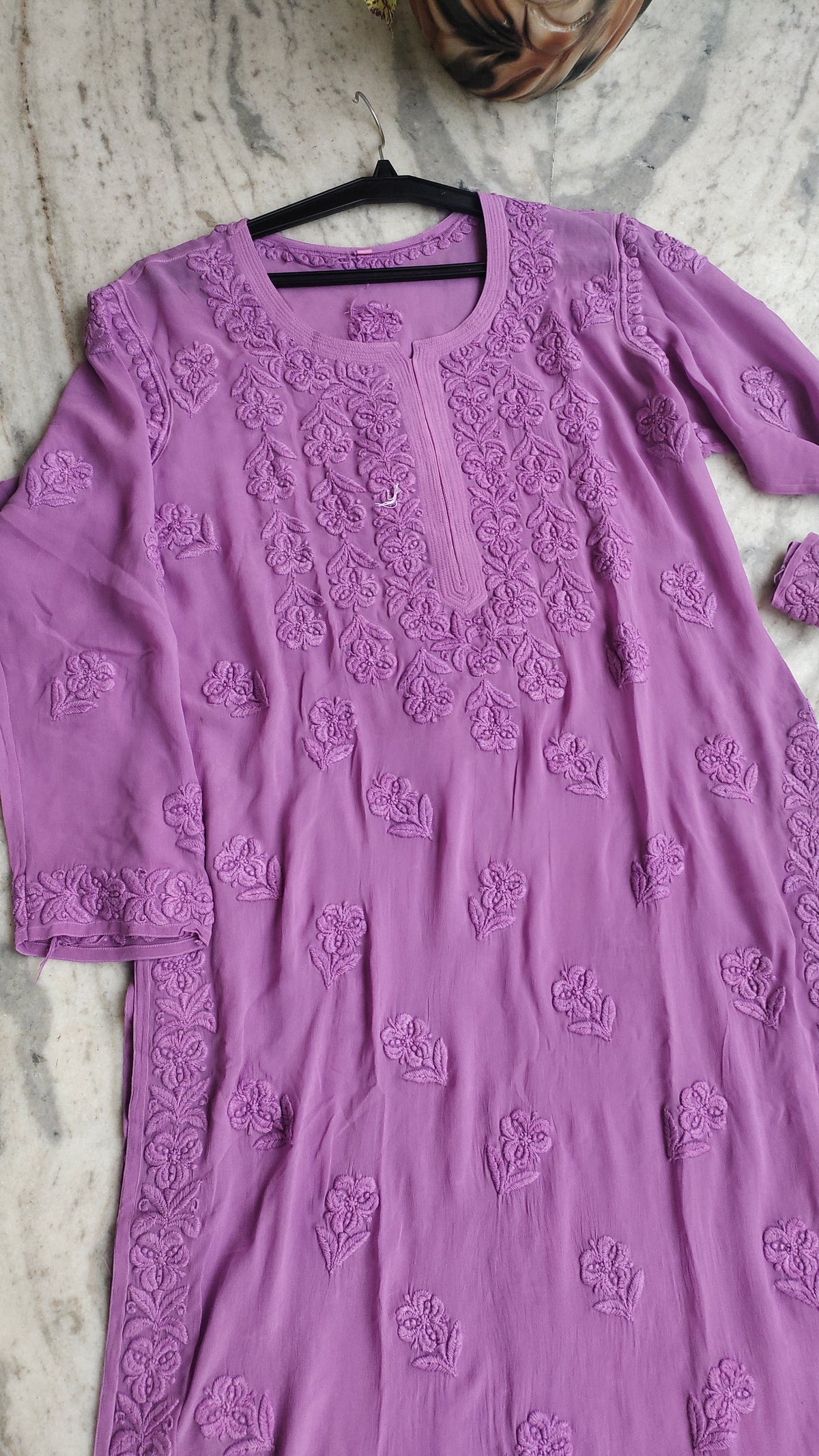 Lavender premium georgette long kurti with intricate handmade chikankari embroidery, crafted in Lucknow by LVW Fashions.