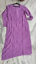Lavender premium georgette long kurti with intricate handcrafted Chikankari embroidery by LVW Fashions, traditional Lucknow-style design.