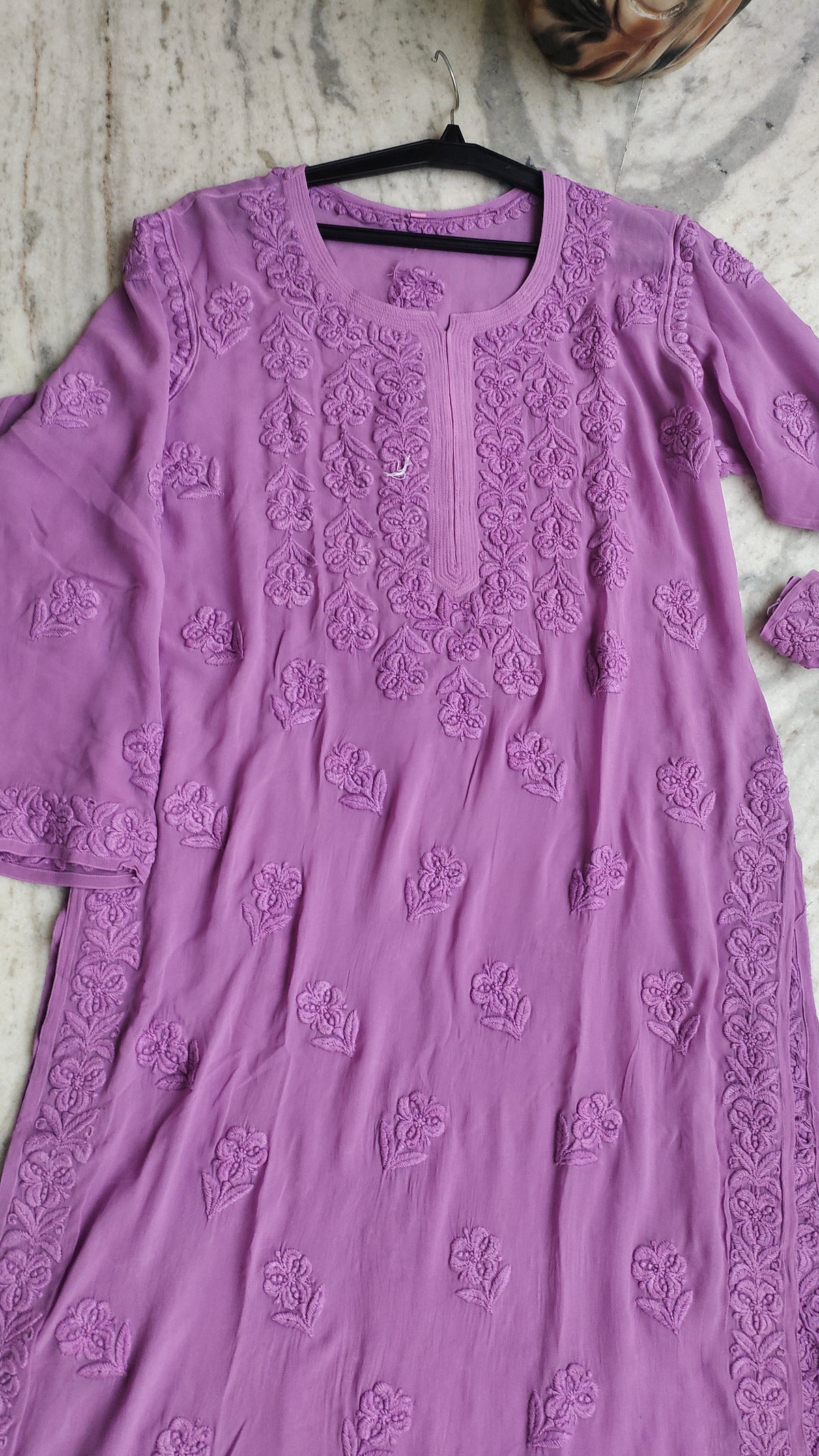 Lavender premium georgette long Kurti with intricate handcrafted Chikankari embroidery by LVW Fashions, traditional Lucknow style.