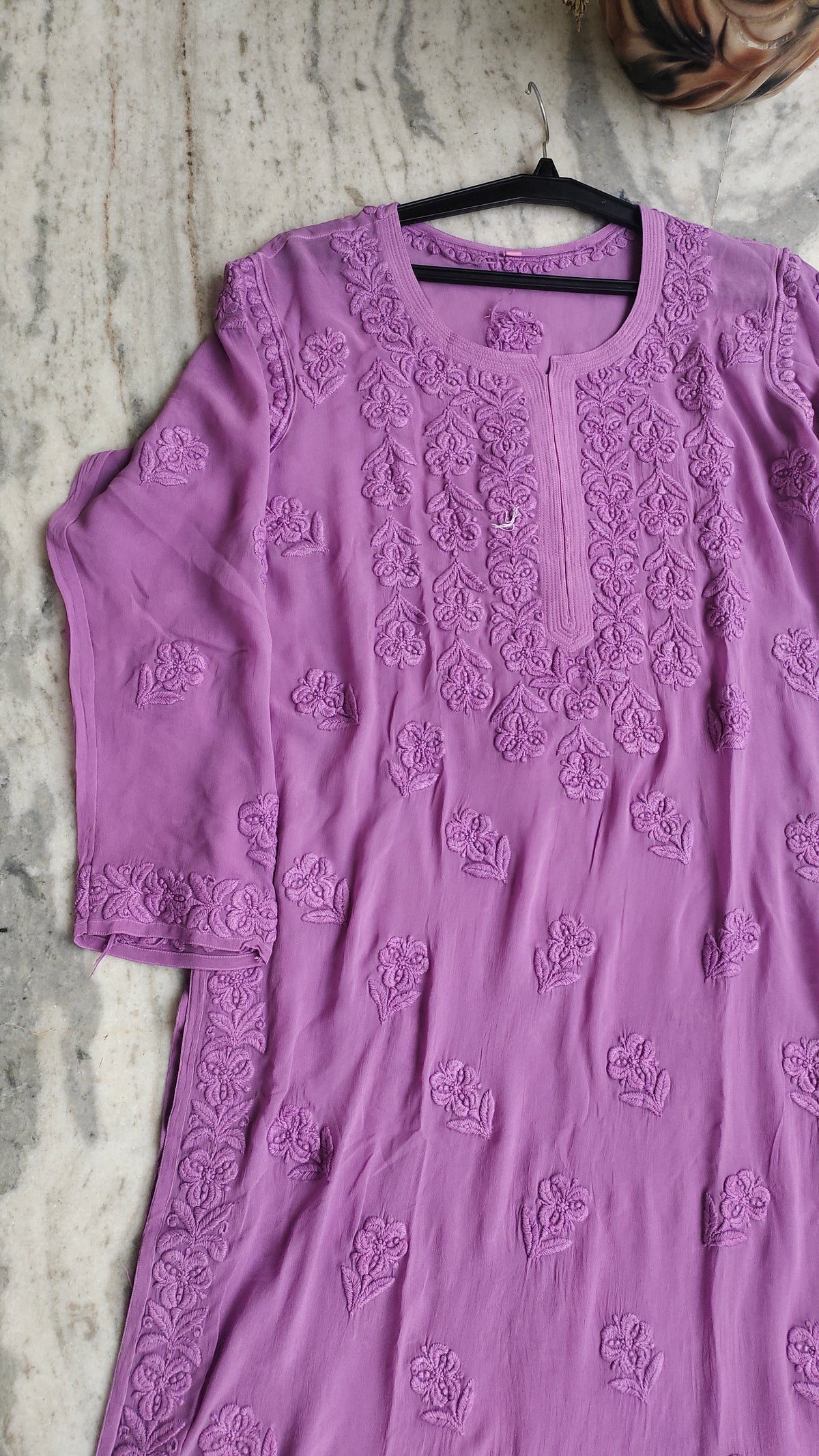 Lavender premium georgette long kurti with intricate handcrafted Lucknow chikankari embroidery, traditional Indian ethnic wear by LVW Fashions.