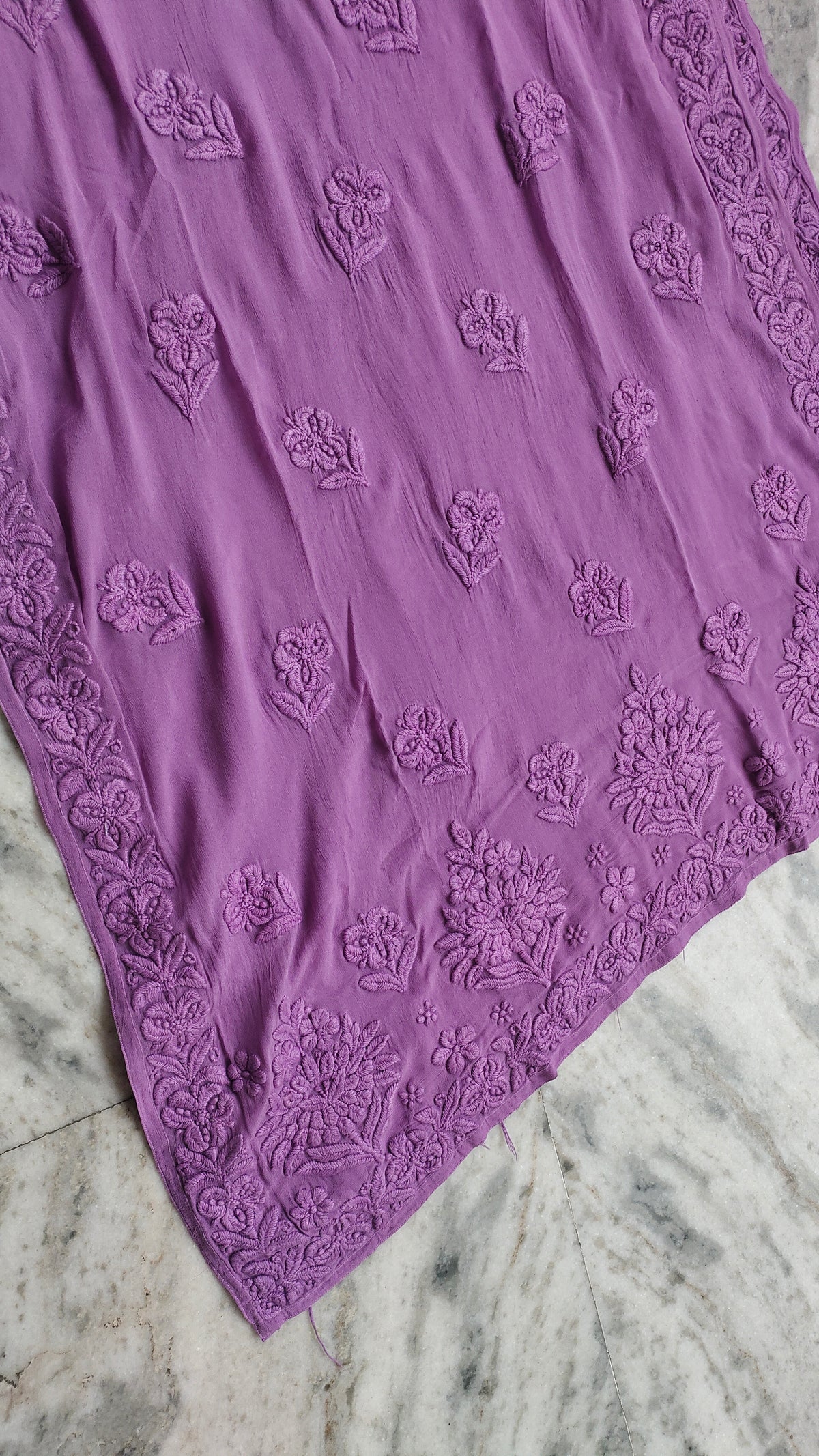 Lavender premium georgette long kurti with intricate handcrafted Chikankari embroidery by LVW Fashions.