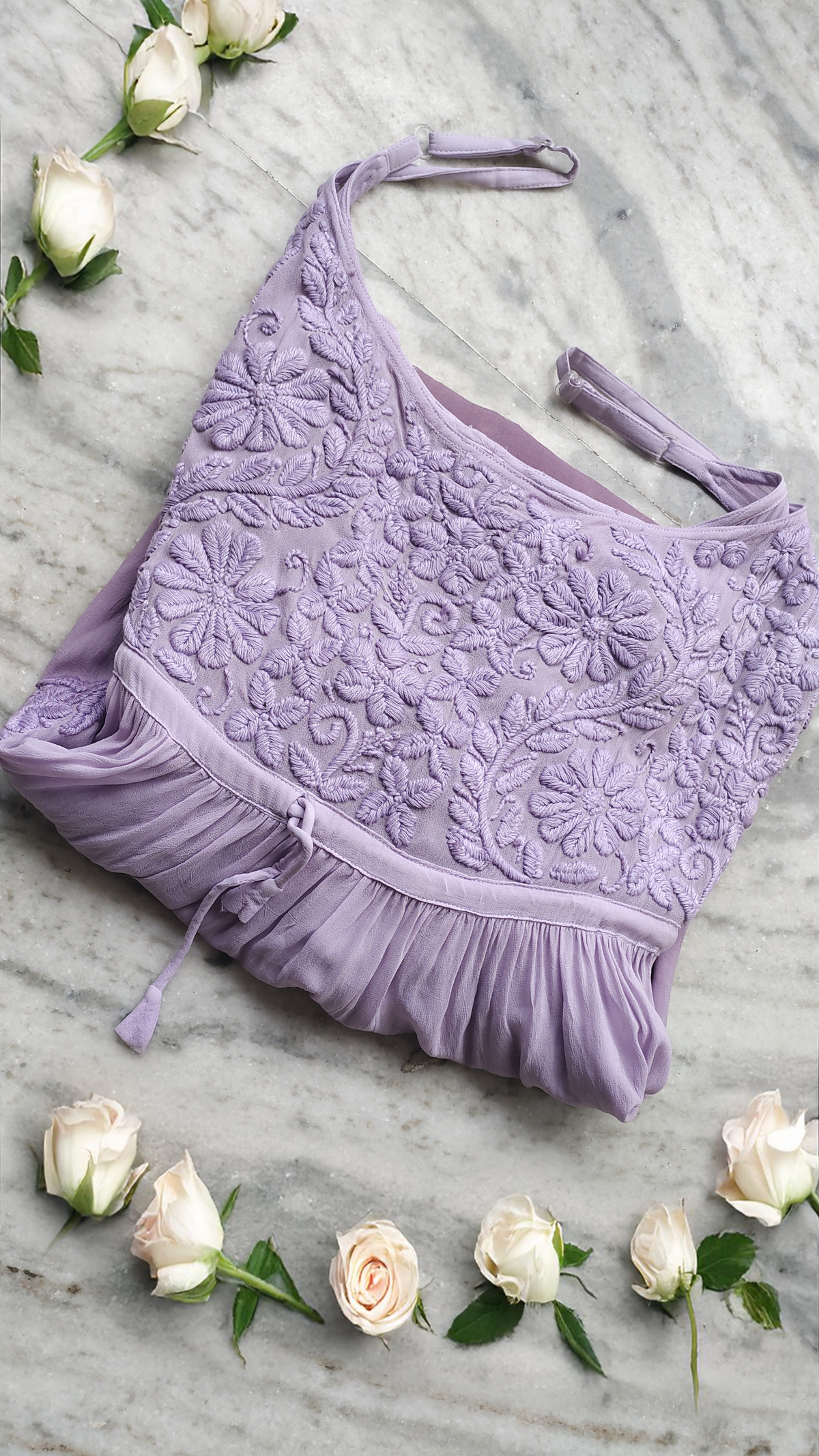 Lavender premium georgette tulip tunic with adjustable straps from LVW Fashions, handmade Lucknow chikankari kurta.