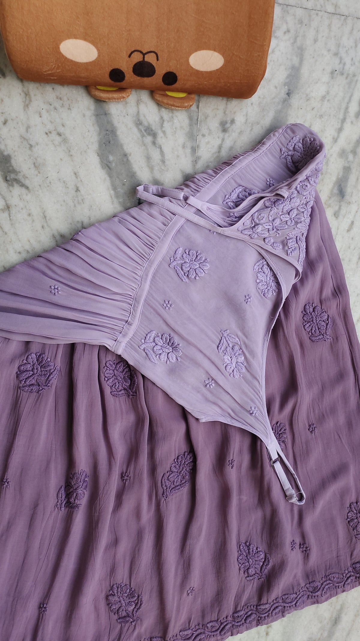 Lavender premium georgette tulip tunic with adjustable straps by LVW Fashions, handmade Lucknow Chikankari kurta for women.