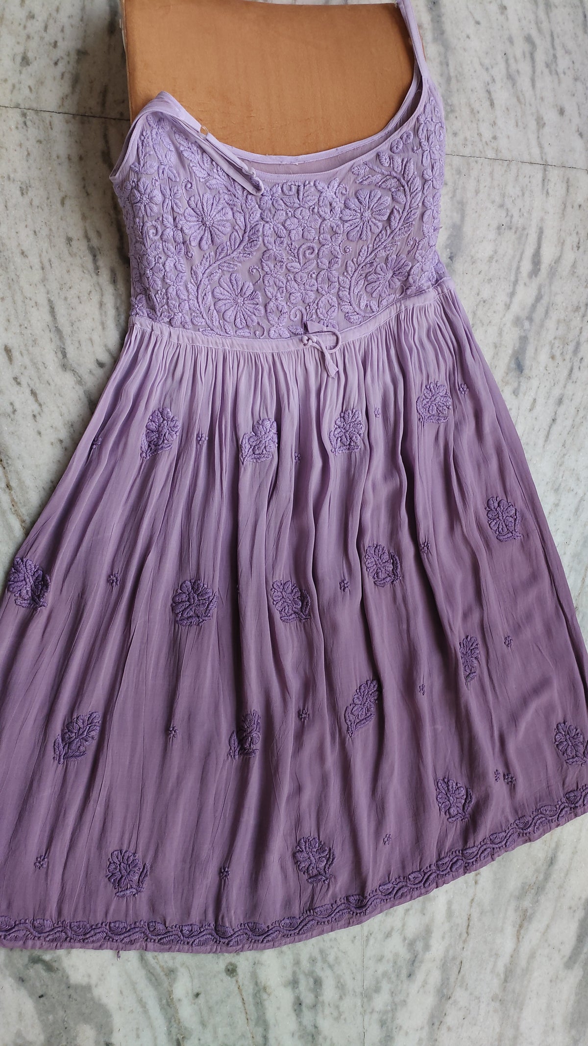 Lavender premium georgette tulip tunic with adjustable straps by LVW Fashions, handmade Lucknow chikankari kurta.