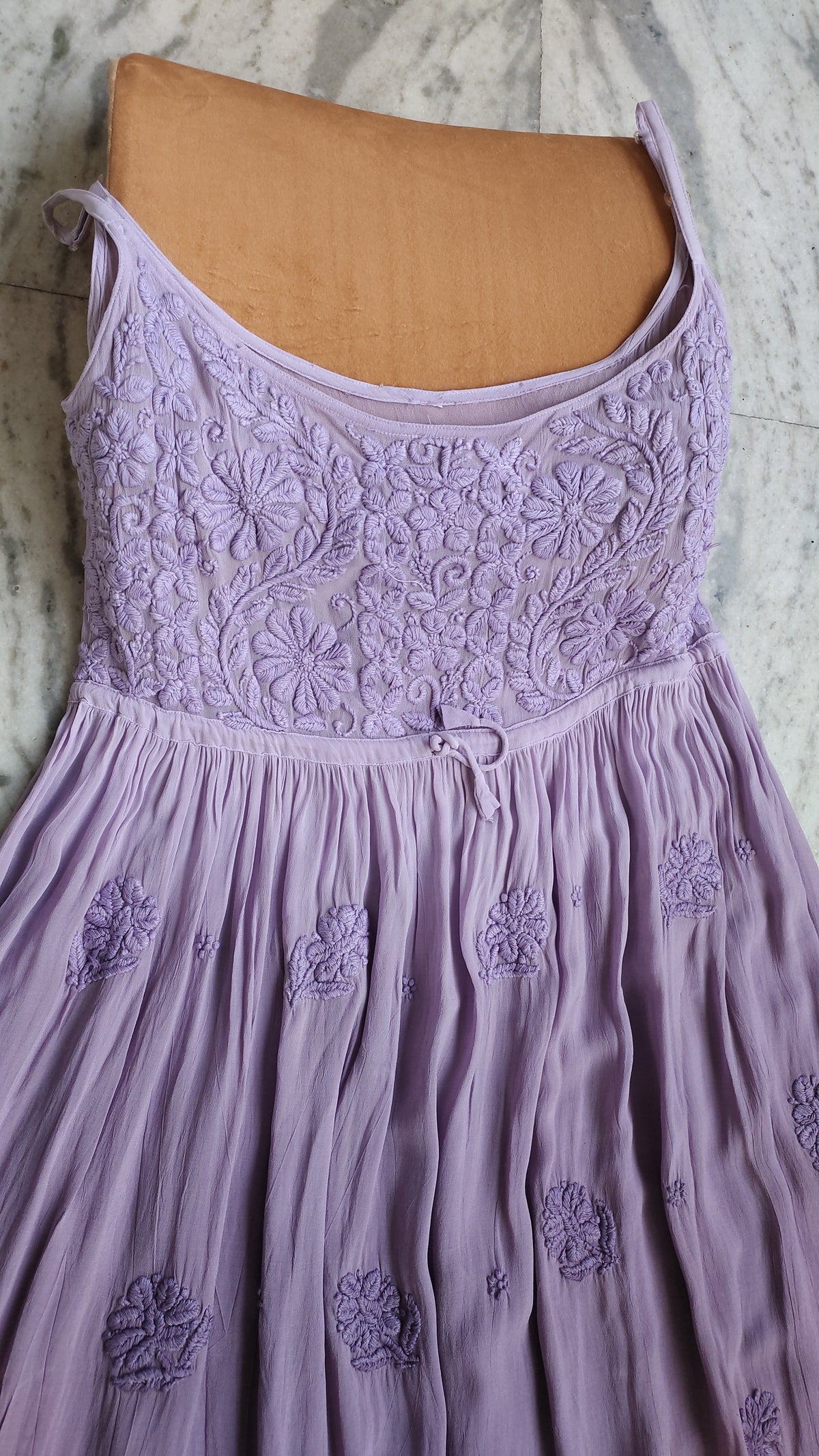 Lavender premium georgette tulip tunic with adjustable straps by LVW Fashions, handmade Lucknow chikankari kurta, lightweight and elegant.