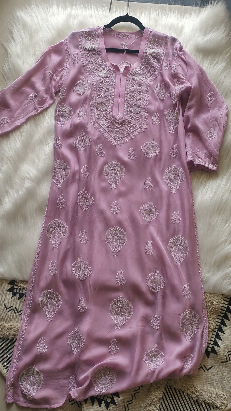 Lavender Rose Noori premium georgette chikankari kurta with pearls and cutdana embroidery, handmade in Lucknow by LVW Fashions.