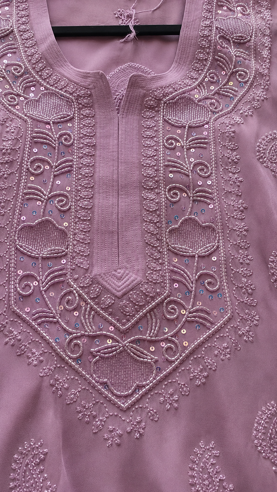 Lavender Rose Noori premium georgette Chikankari kurta with pearls and cutdana embroidery, handcrafted Lucknow Chikankari by LVW Fashions.