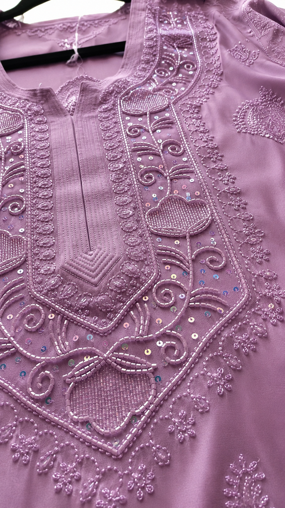 Lavender Rose Noori Premium Georgette Chikankari Kurta with pearls and cutdana embroidery, handmade Lucknow Chikankari by LVW Fashions