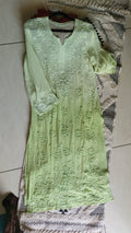 Luxurious handcrafted Georgette long Kurta with puffed sleeves and intricate Lucknow Chikankari embroidery by LVW Fashions.