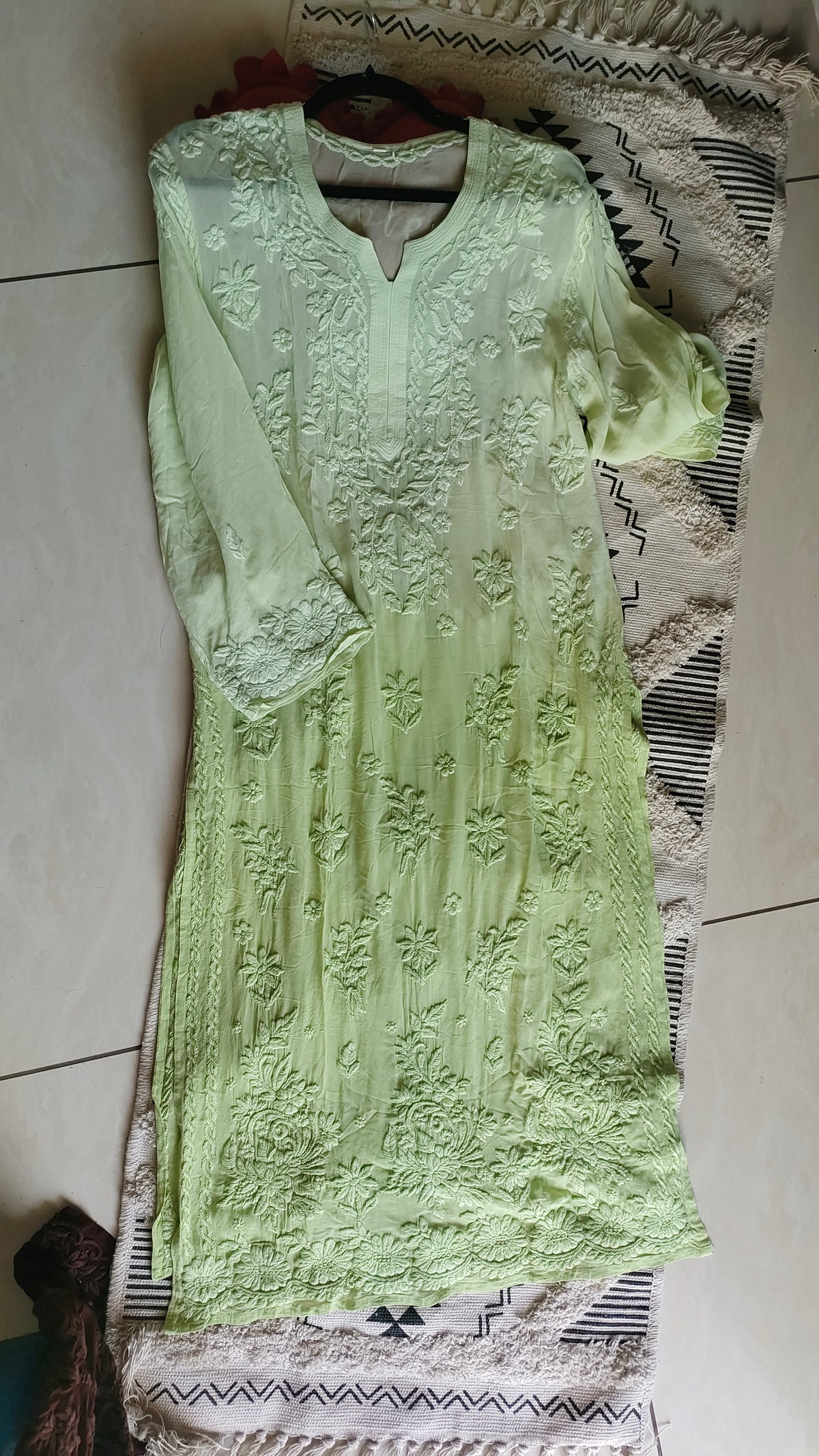 Luxurious handcrafted Georgette long Kurta with puffed sleeves and intricate Lucknow Chikankari embroidery by LVW Fashions.
