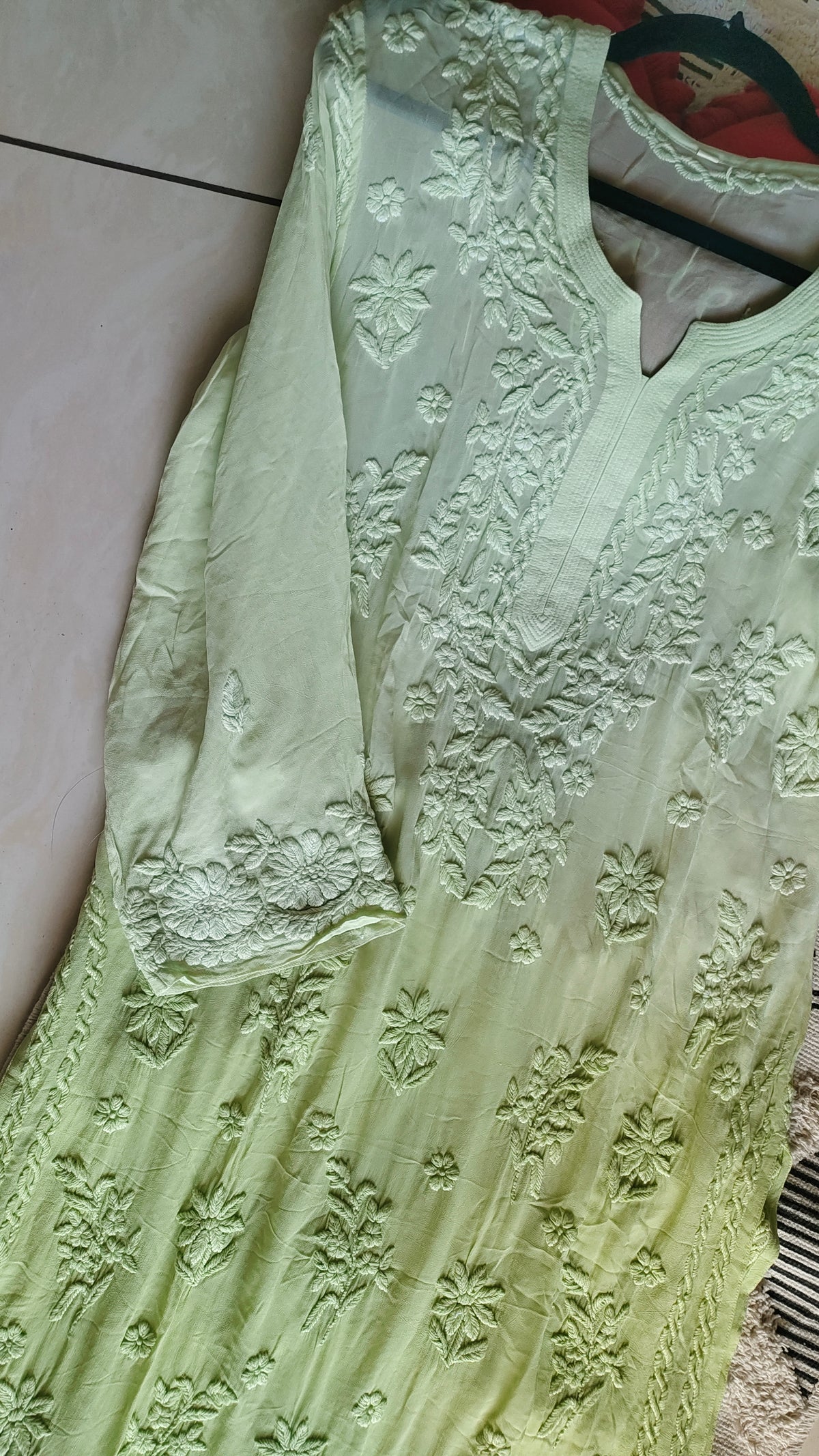 Luxurious LVW Fashions handcrafted Georgette puffed long Kurta with intricate Lucknow Chikankari embroidery, pure and elegant.