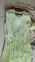 Luxurious premium georgette long kurta with handcrafted puffed chikankari embroidery by LVW Fashions, traditional Lucknow style.