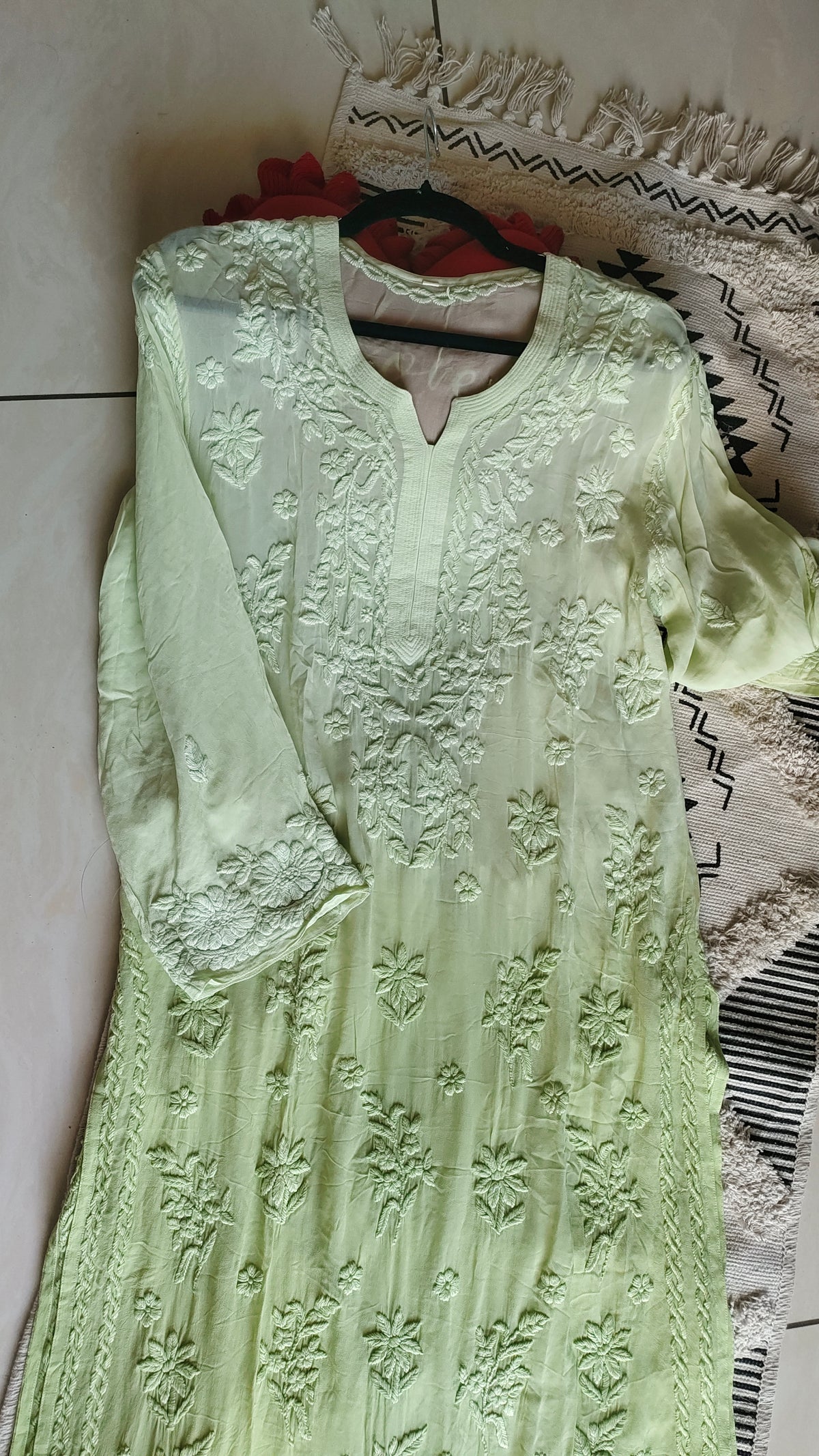 Luxurious premium georgette long kurta with handcrafted puffed chikankari embroidery by LVW Fashions, traditional Lucknow style.
