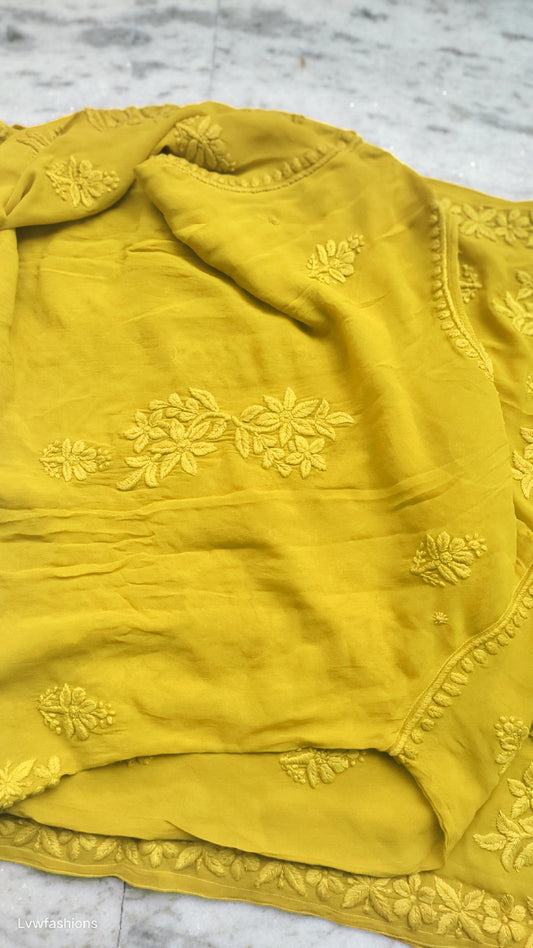 Lemon Curry Adaya Premium Georgette Kurta Set with handmade Lucknow Chikankari by LVW Fashions, showcasing intricate embroidery.