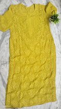 Lemon Curry Adaya premium Georgette kurta set with handmade Lucknow Chikankari embroidery by LVW Fashions.
