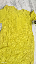 Lemon Curry Adaya Premium Georgette Kurta Set by LVW Fashions with handmade Lucknow Chikankari, featuring a stylish kurta and matching bottom.