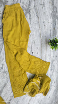 Lemon Curry Adaya Premium Georgette Kurta Set with handmade Lucknow Chikankari by LVW Fashions, featuring intricate embroidery.