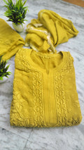 Lemon Curry Adaya Premium Georgette Kurta Set with handcrafted Lucknow Chikankari by LVW Fashions, featuring elegant embroidery.