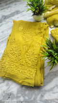 Lemon Curry Adaya Premium Georgette Kurta Set by LVW Fashions with handmade Lucknow Chikankari embroidery, showcasing the kurta's intricate details.