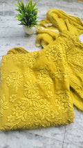 Lemon Curry Adaya Premium Georgette Kurta Set with handcrafted Lucknow Chikankari embroidery by LVW Fashions.