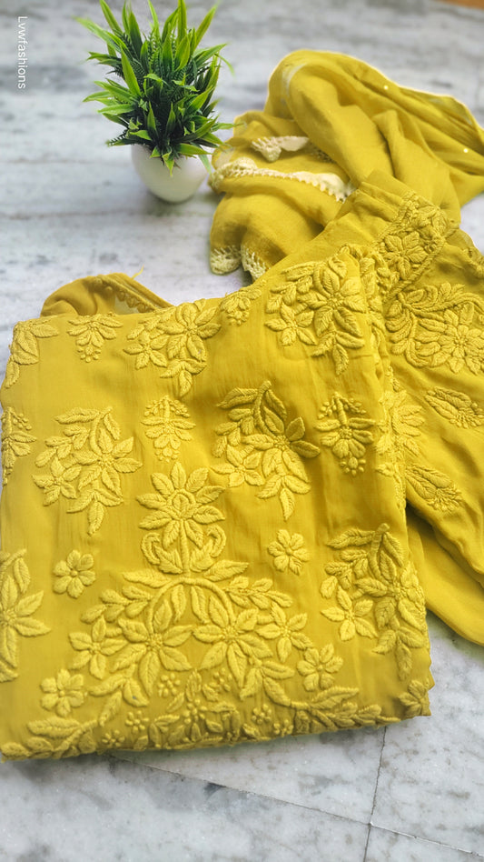 Lemon Curry Adaya Premium Georgette Kurta Set with handcrafted Lucknow Chikankari embroidery by LVW Fashions.