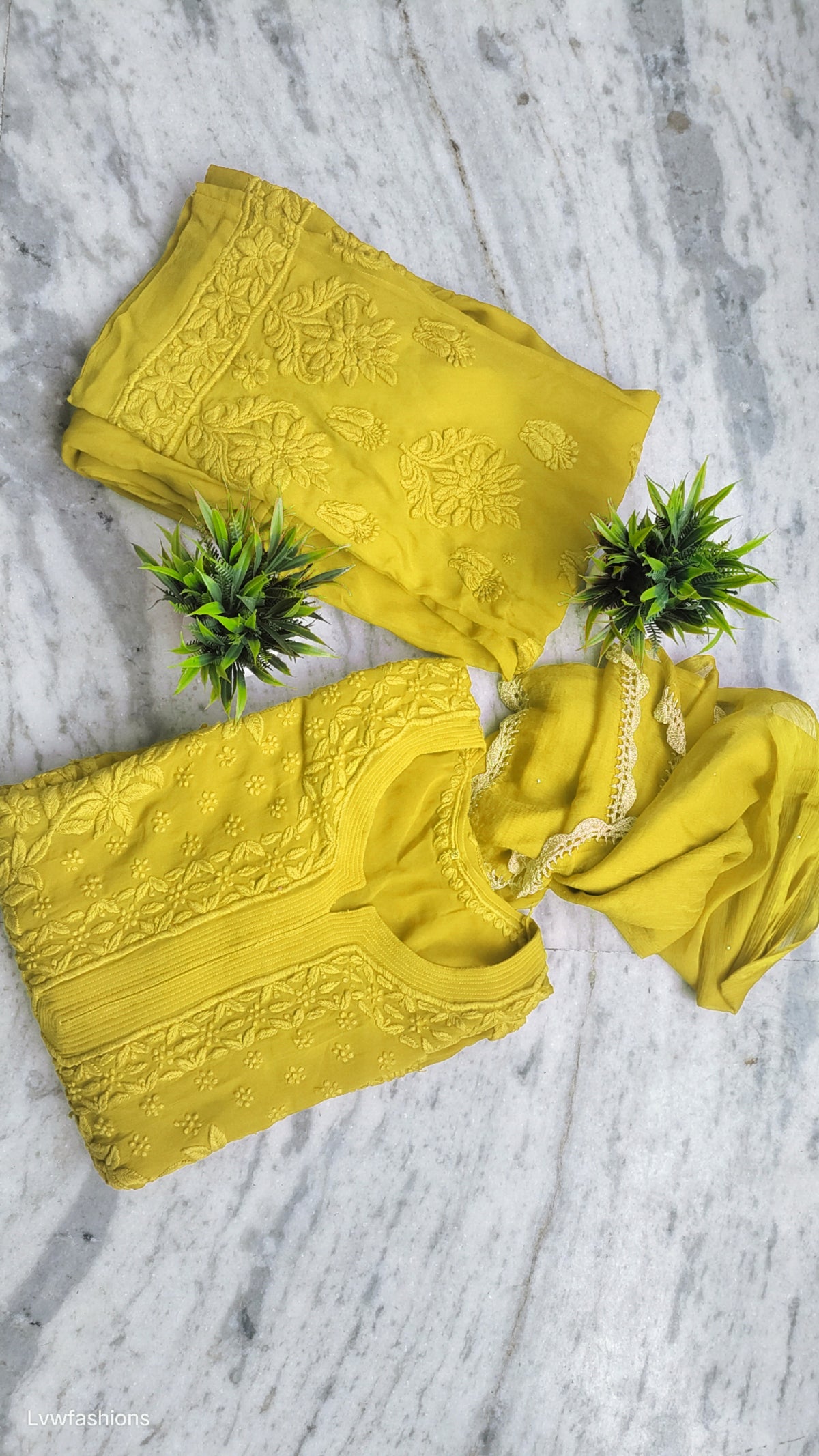 Lemon Curry Adaya Premium Georgette Kurta Set by LVW Fashions featuring handmade Lucknow Chikankari embroidery.