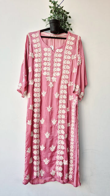 Light Thulian pink premium silk Chikankari Kurti by LVW Fashions, handmade Lucknow Chikankari with intricate embroidery.