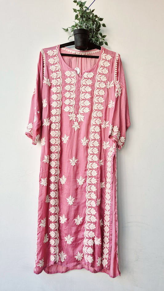 Light Thulian pink premium silk Chikankari Kurti by LVW Fashions, handmade Lucknow Chikankari with intricate embroidery.