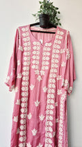 Light Thulian pink premium silk Chikankari Kurti by LVW Fashions, handmade Lucknow Chikankari kurta with intricate embroidery.
