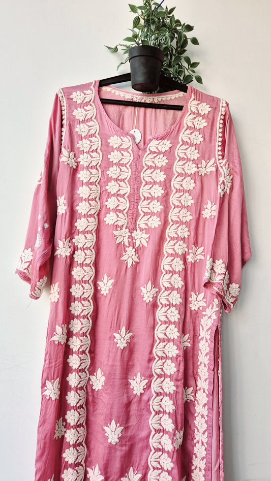 Light Thulian pink premium silk Chikankari Kurti by LVW Fashions, handmade Lucknow Chikankari kurta with intricate embroidery.