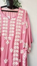 Light Thulian pink premium silk Chikankari Kurti with intricate hand-embroidery, traditional Lucknow Chikankari by LVW Fashions.